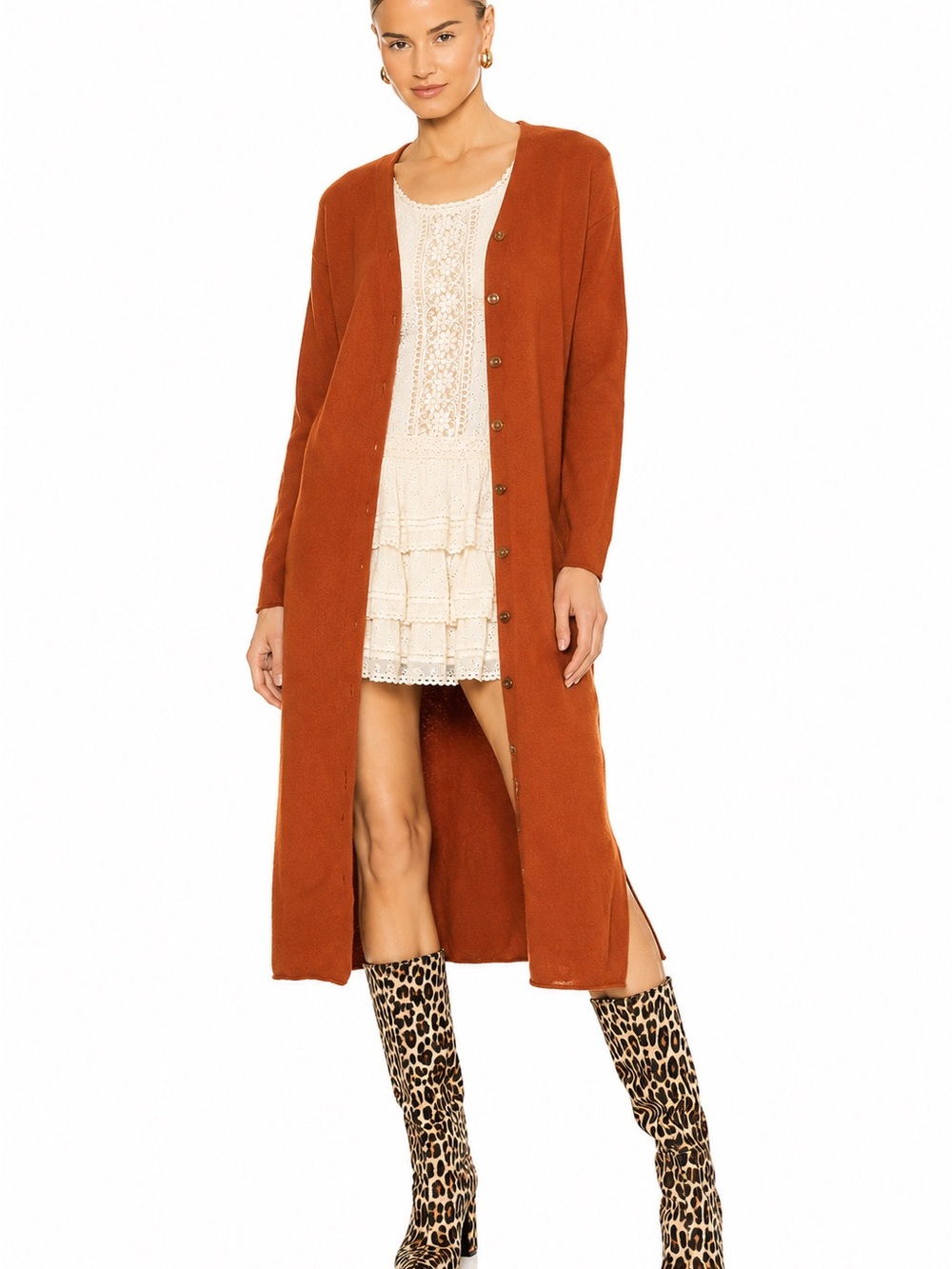 Vintage Rust Orange Wool Blend Longline Cardigan Sweater Duster Minimalist Cotta